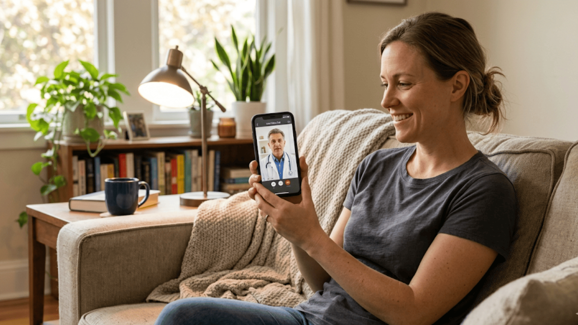 Patient smiling during a text-link video visit on her smartphone from home showing how easy no-download telehealth works