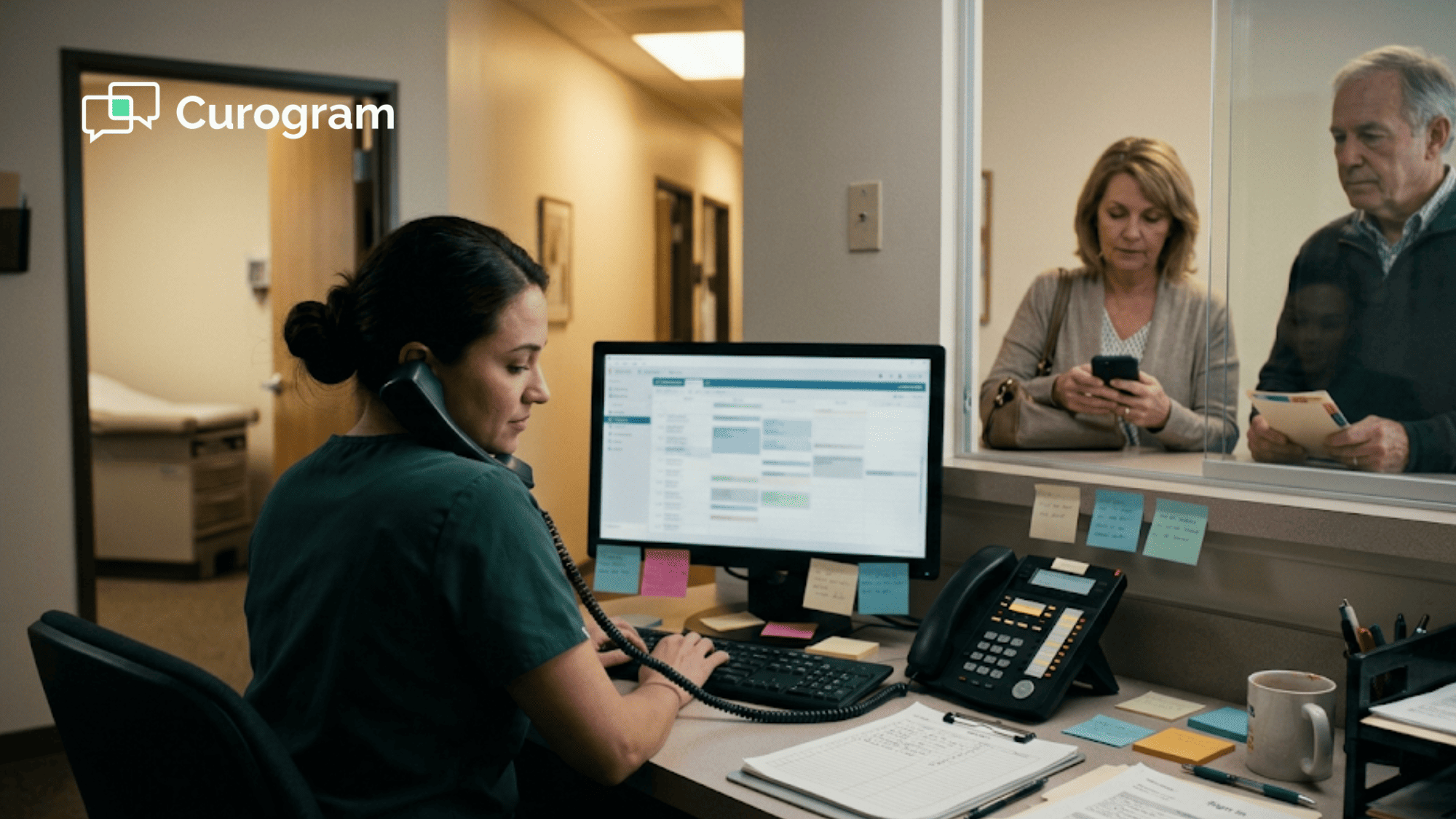 Small practice front desk staff answering phone calls while patients wait at the counter