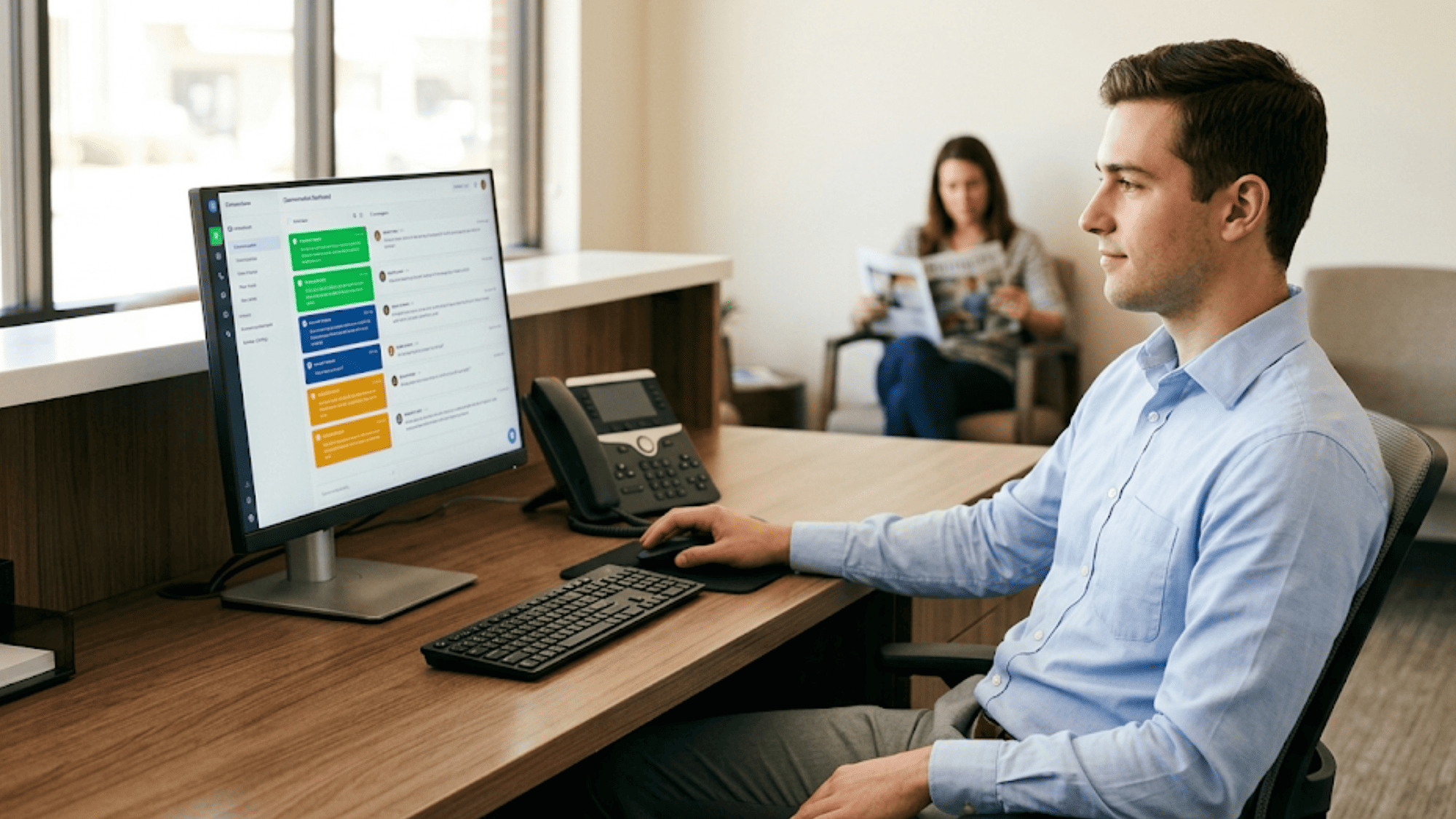 Front desk staff managing patient texts through Curogram unified inbox on desktop monitor