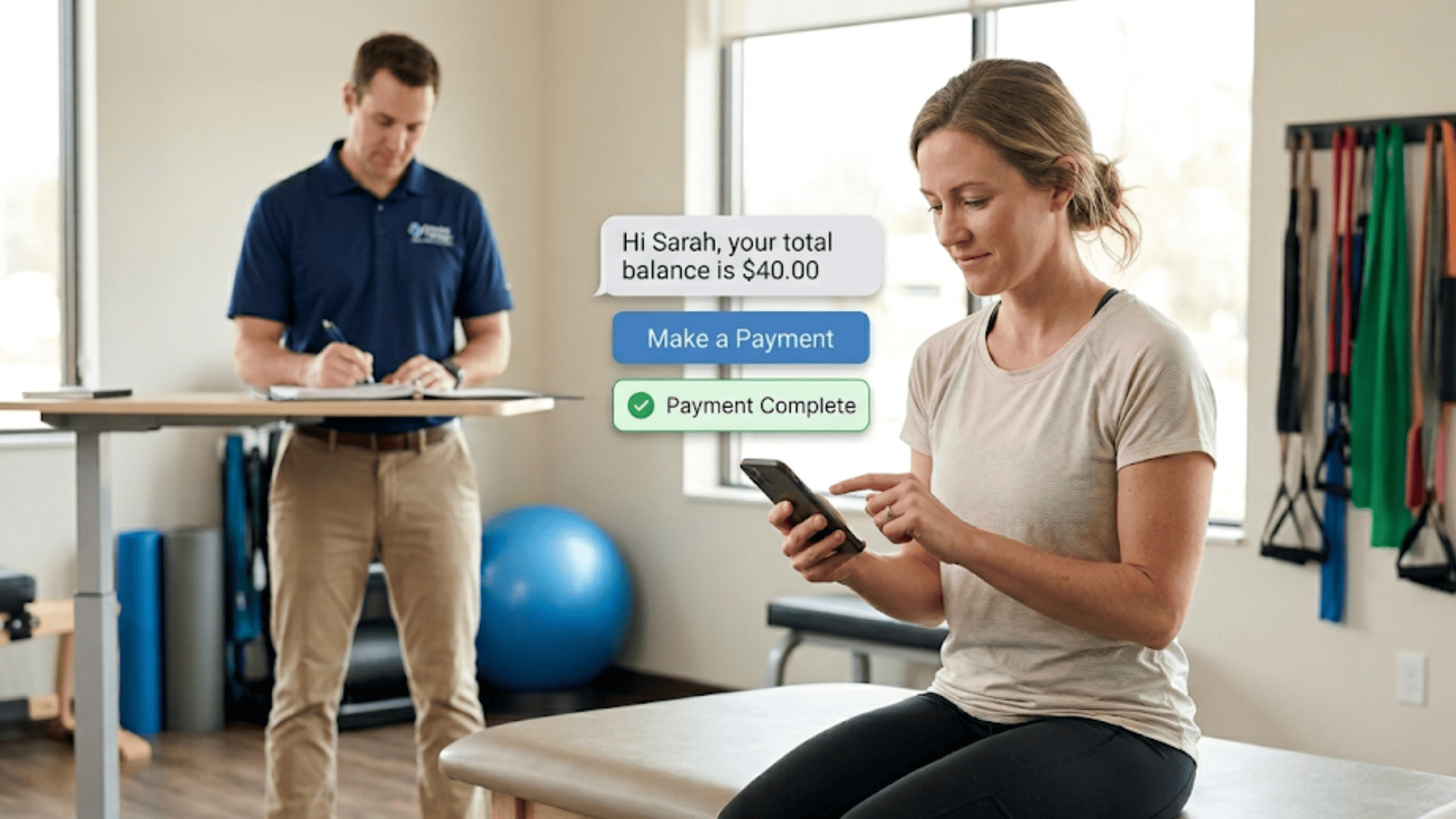 Patient completing mobile payment from text message at PT clinic