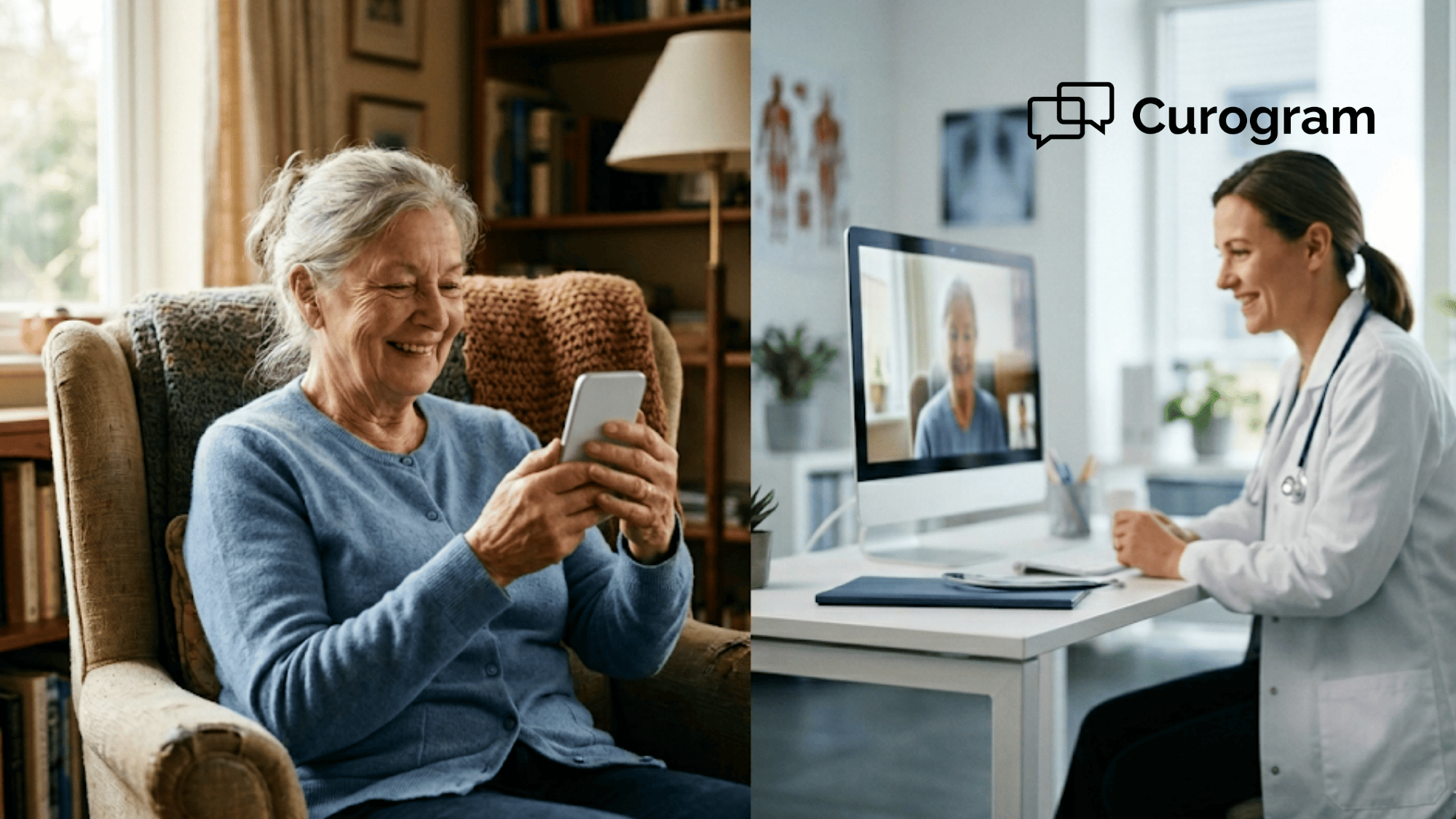 Patient joining a telehealth video call from her living room while her provider connects from the clinic