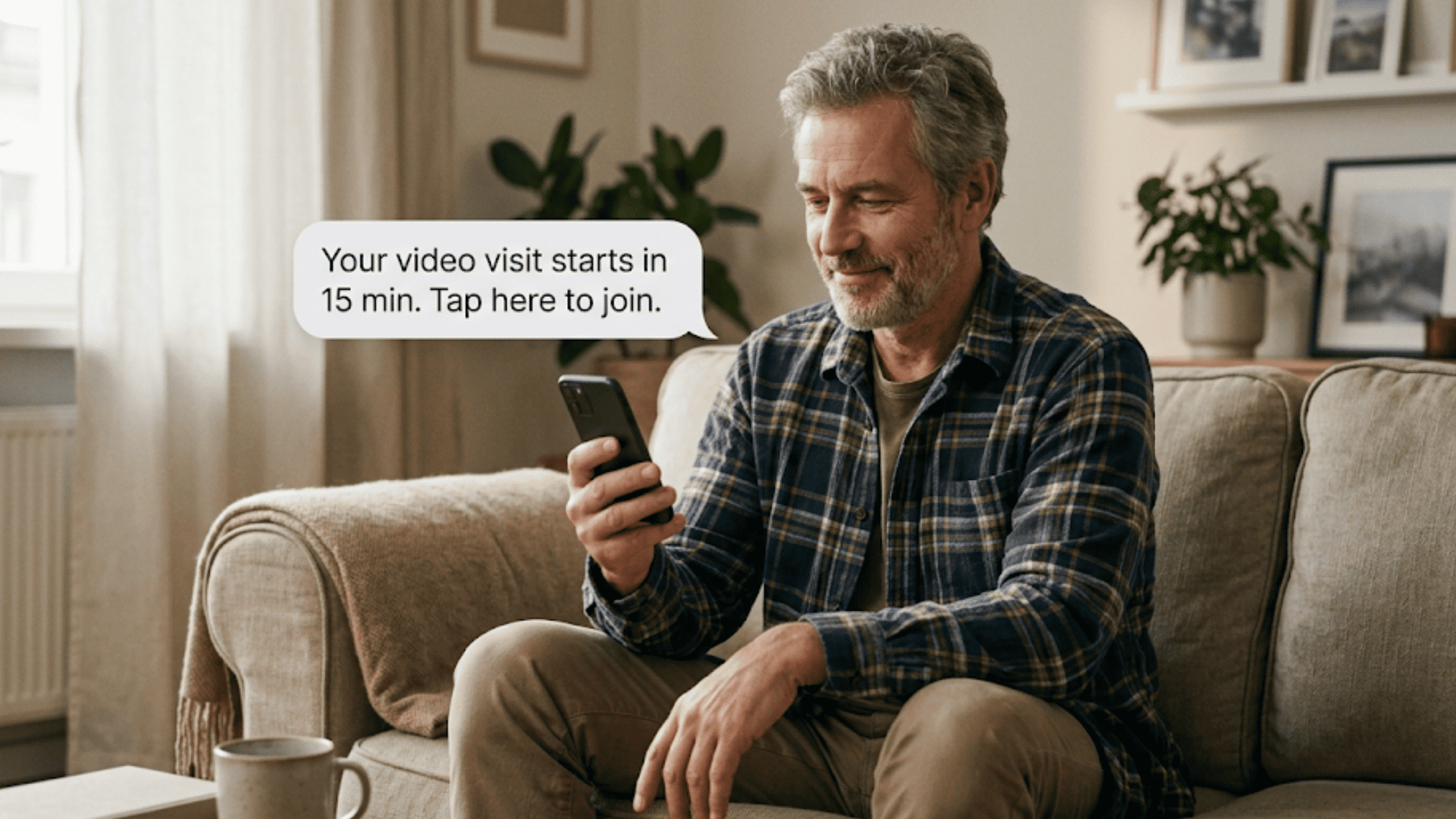 Man sitting on his couch tapping a text link to join a video visit with no app download needed