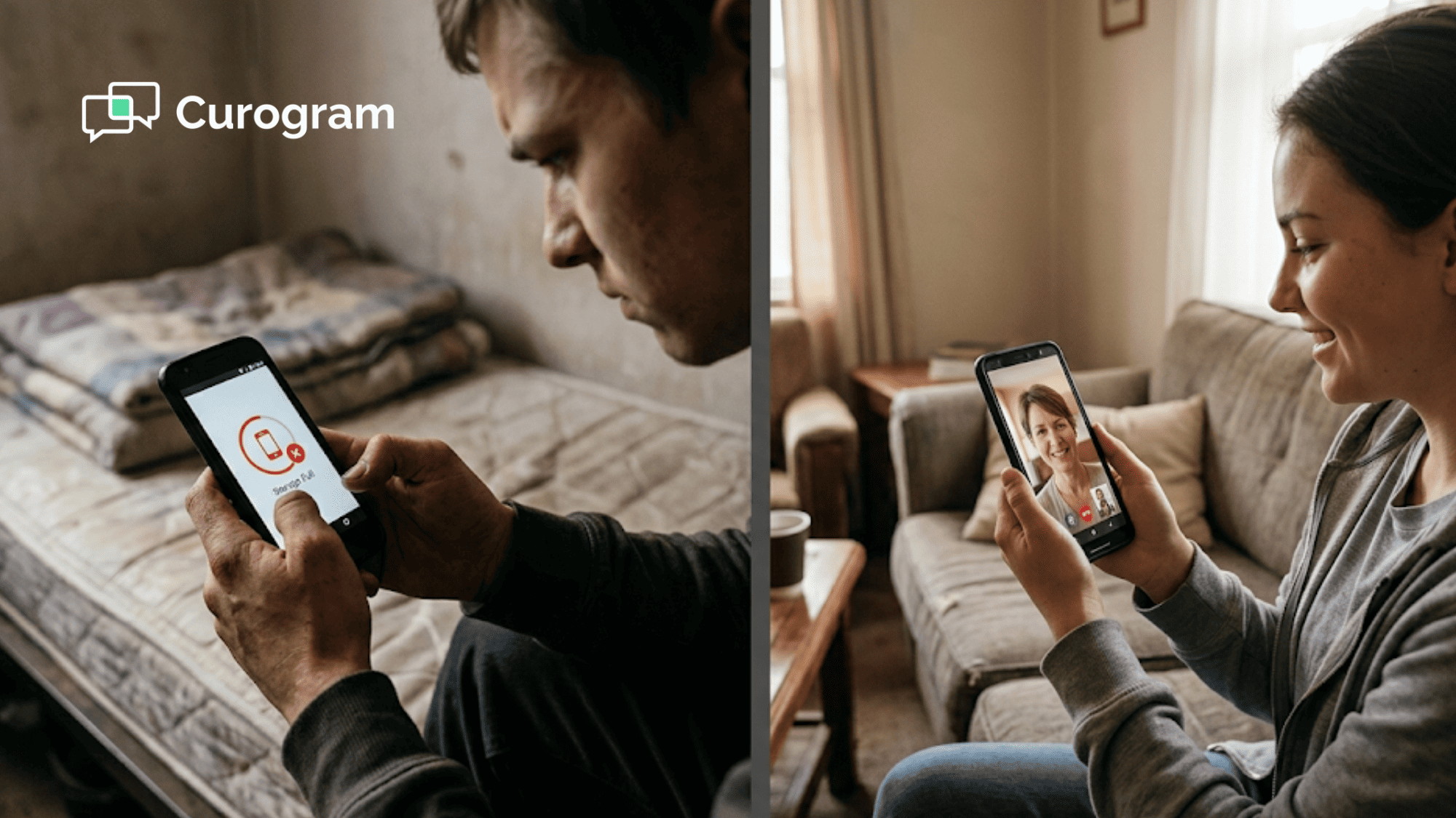 Side-by-side comparison of a phone showing a storage error versus a phone with a live therapy video session