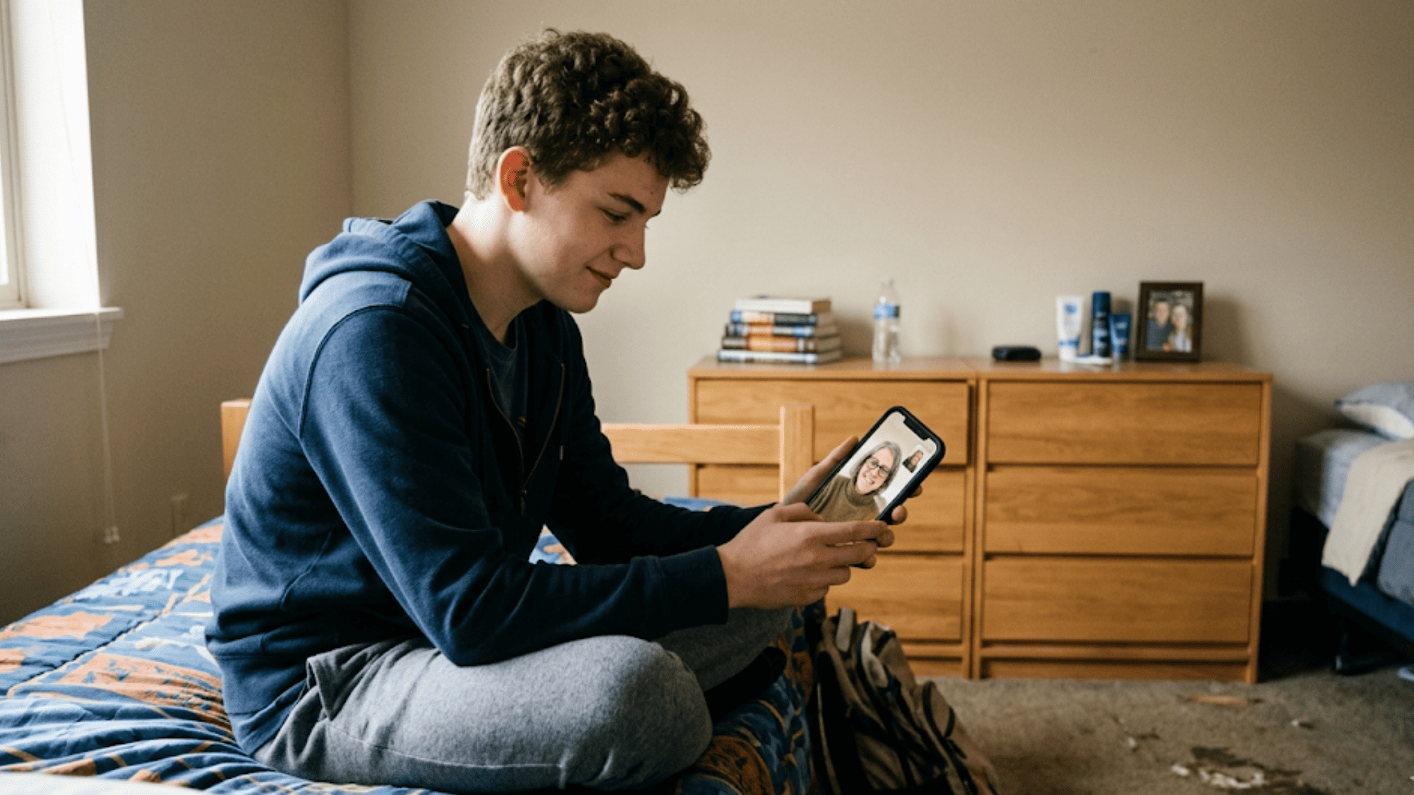 Teenager in a group home bedroom attending a therapy session through a browser-based video call on a basic smartphone