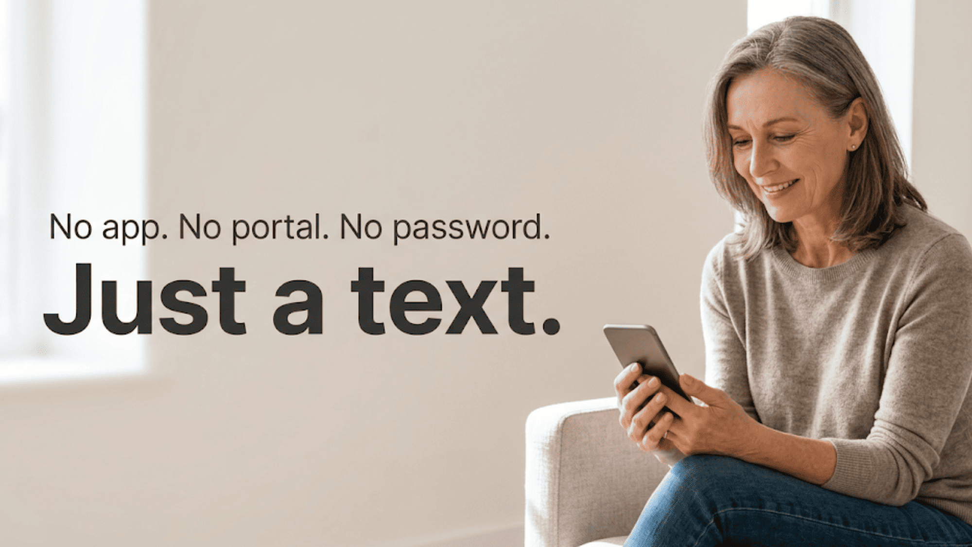 Senior patient reading a simple text from her clinic beside a clean "just a text" caption