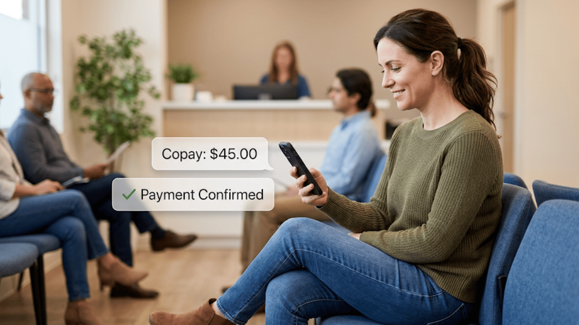 atient outside clinic looking at phone with copay payment confirmed notification