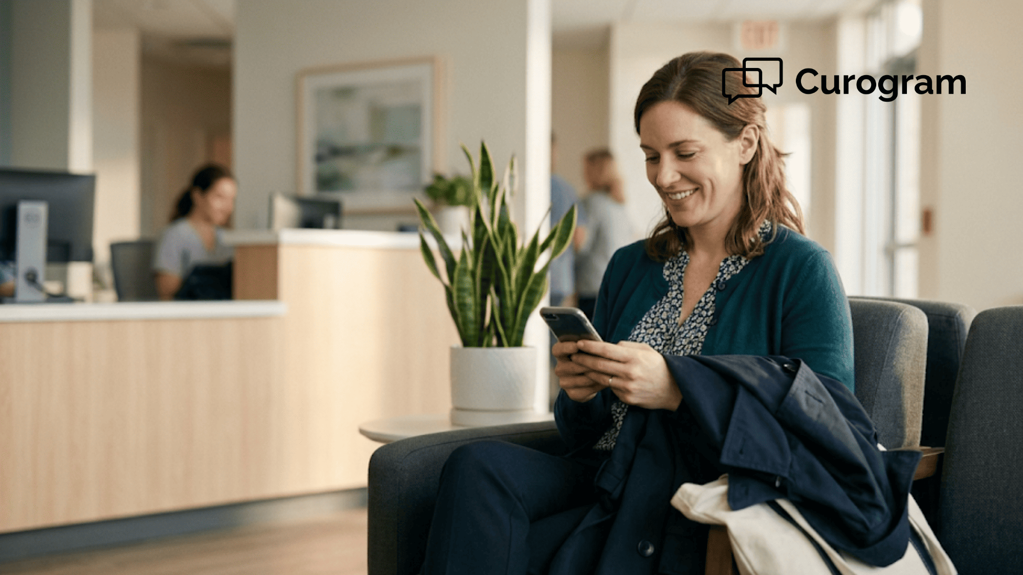 Satisfied patient smiling at her phone in a clinic waiting area after receiving a one-tap Google review text link