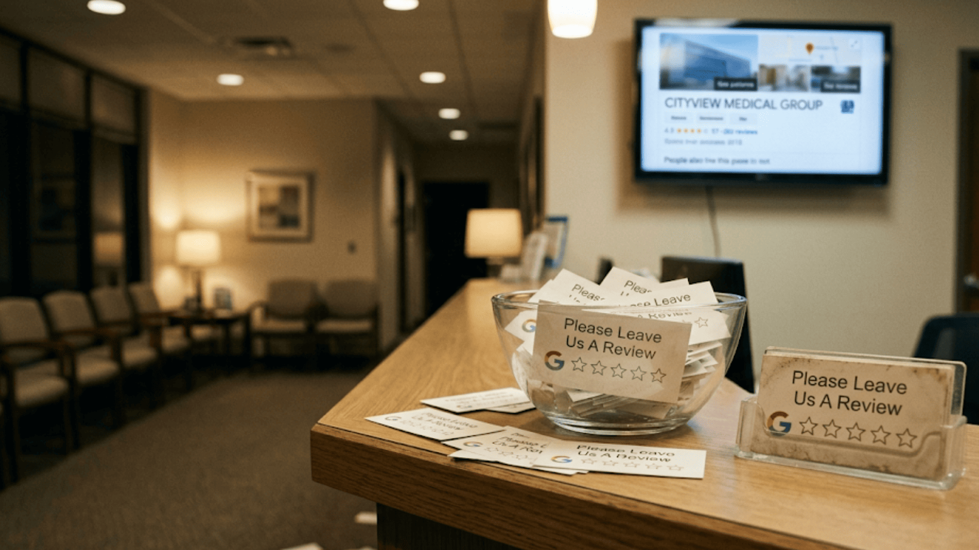 Empty medical clinic front desk with a bowl of ignored leave us a review cards showing why manual review requests fail