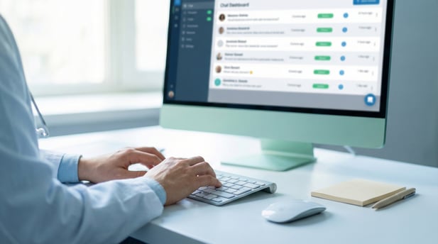 Close-up of medical staff hands typing on a computer displaying a patient chat dashboard