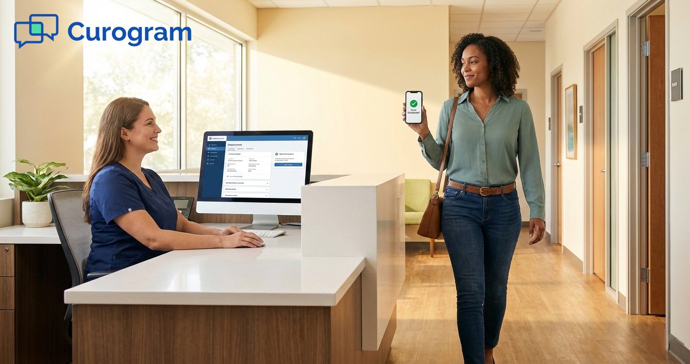 Efficient medical reception desk with a patient using digital intake on a smartphone