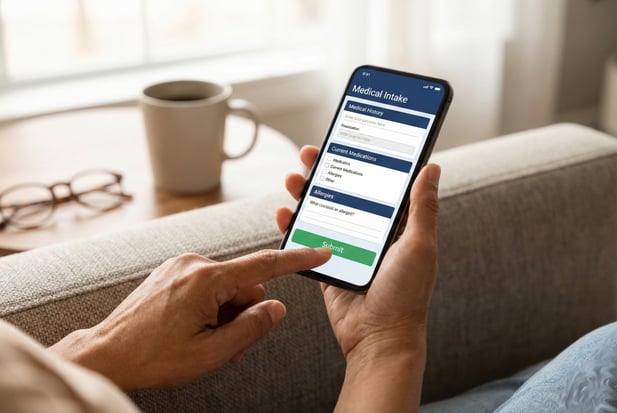 Patient completing a mobile medical intake form on a smartphone from home