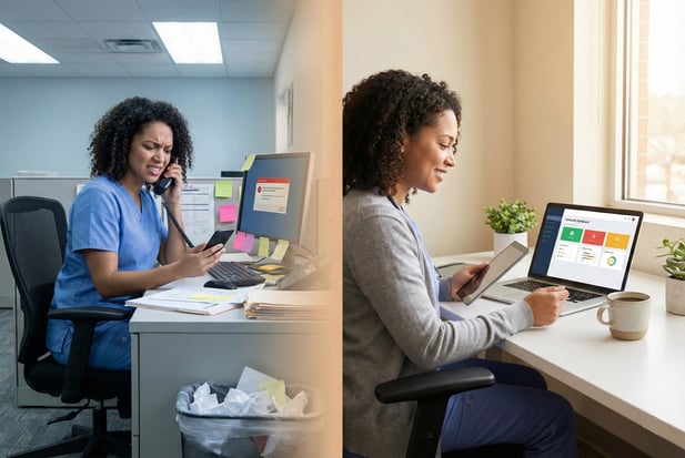 Split-screen comparison showing stressed versus efficient telehealth staff workflow