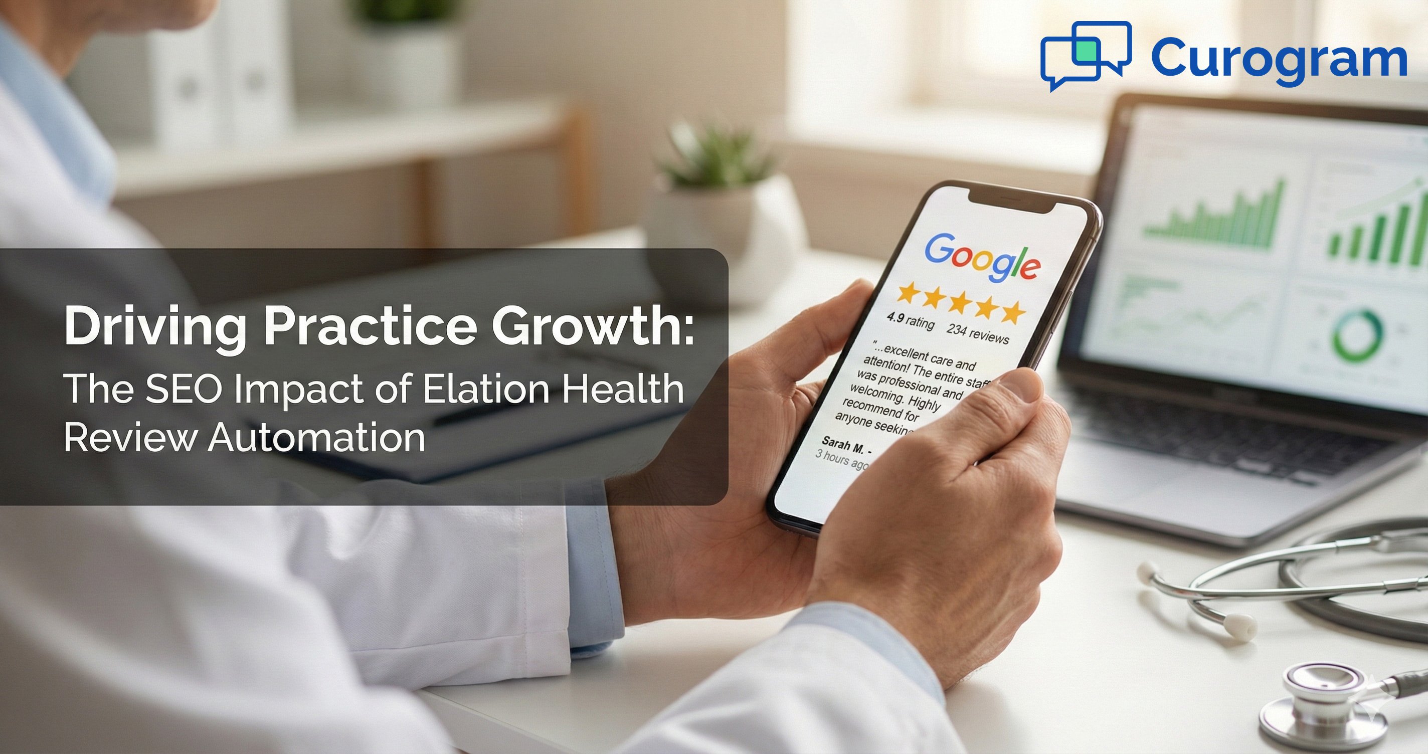 Doctor holding phone showing 5-star Google review; header text about SEO impact of review automation