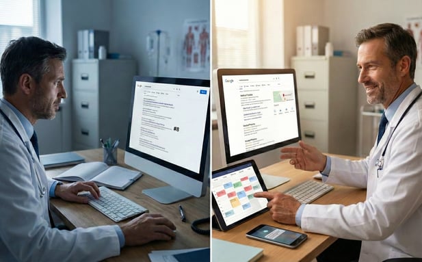 Split-screen showing a stressed doctor with low search rankings versus a happy doctor with top local map results