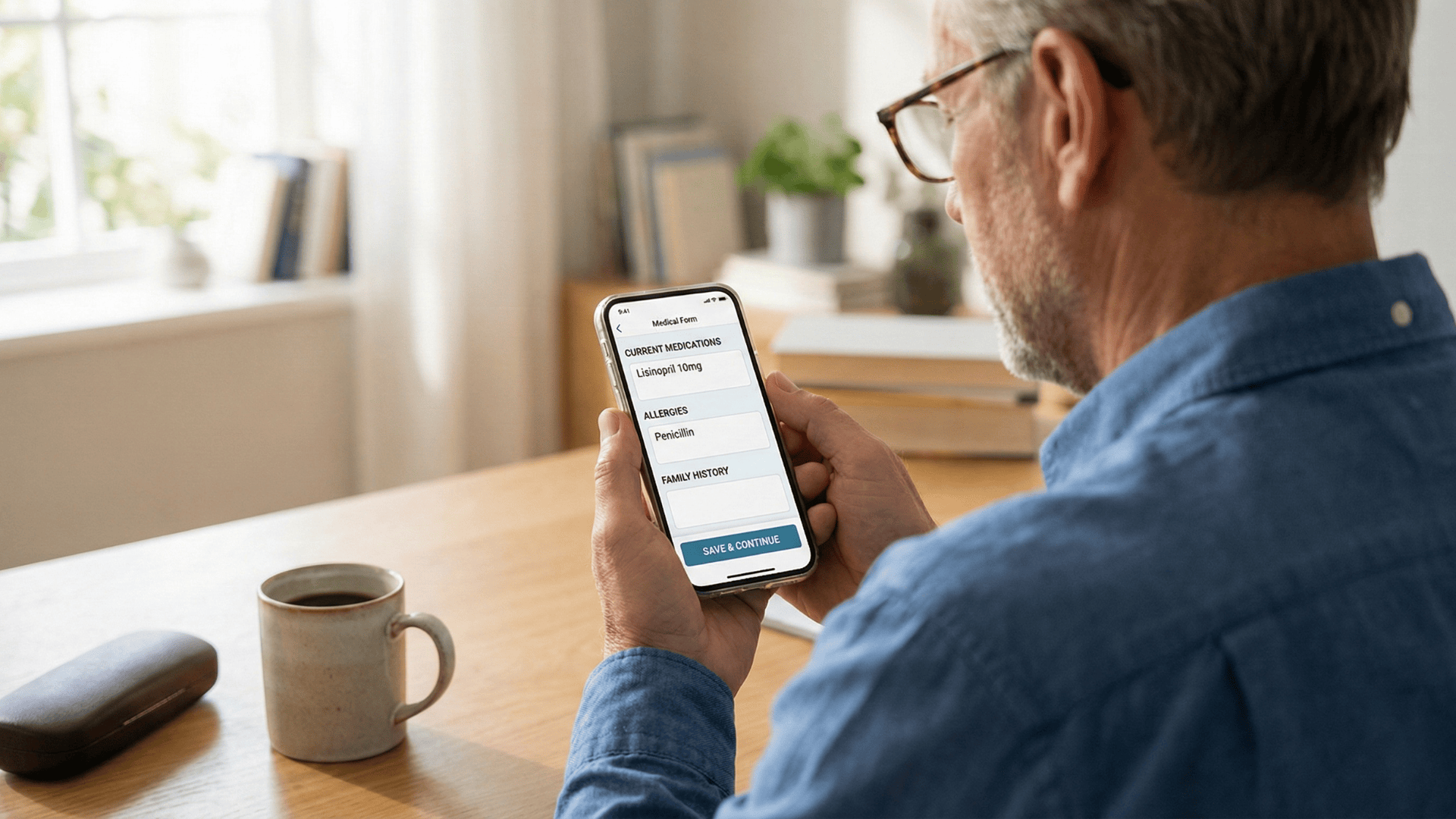 Patient filling out clinical history form on smartphone before doctor visit