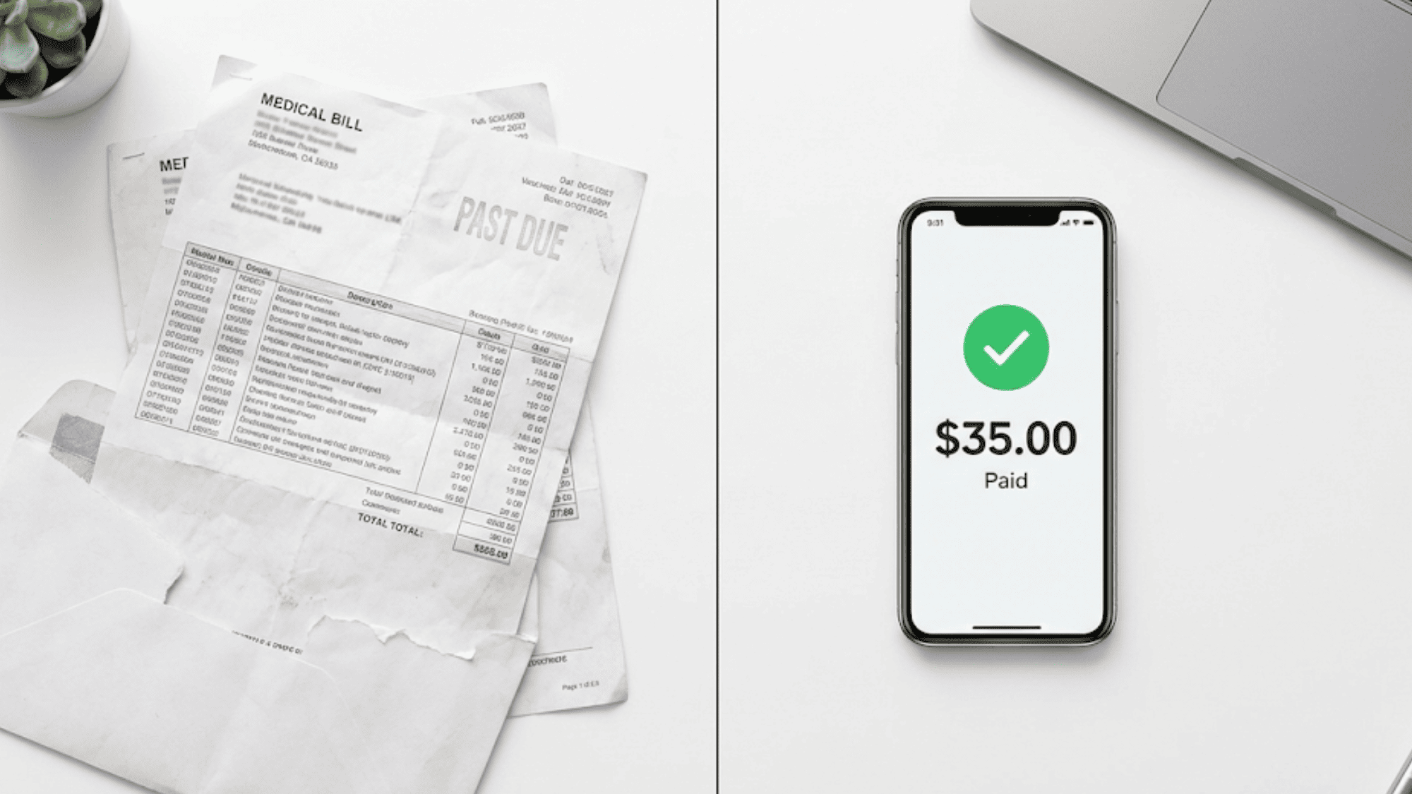 Paper medical bill next to smartphone showing paid confirmation on a clean white desk