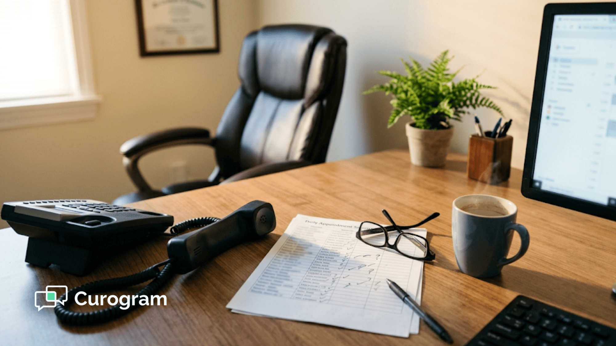 Empty front desk chair beside a stack of confirmation call notes