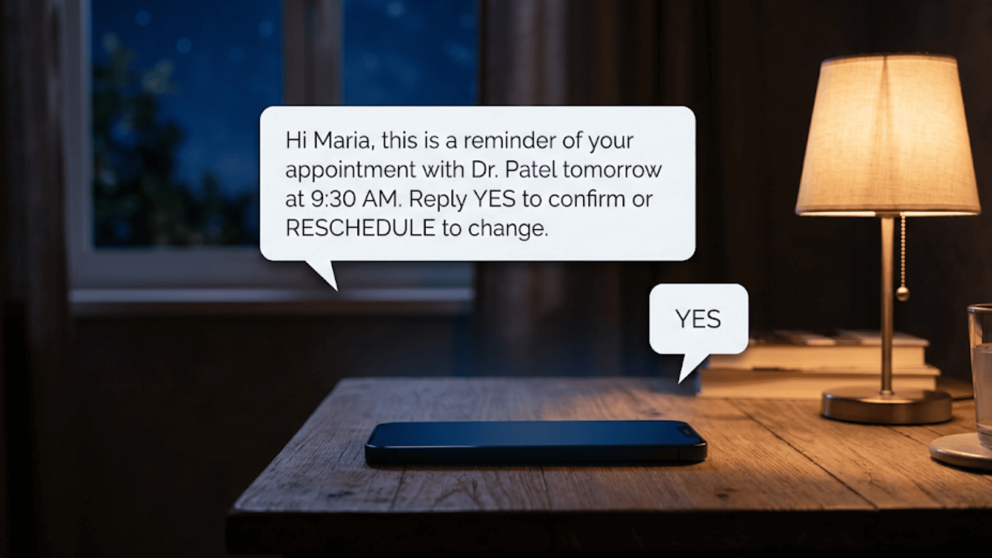 Smartphone on a nightstand at night receiving an automated appointment confirmation text