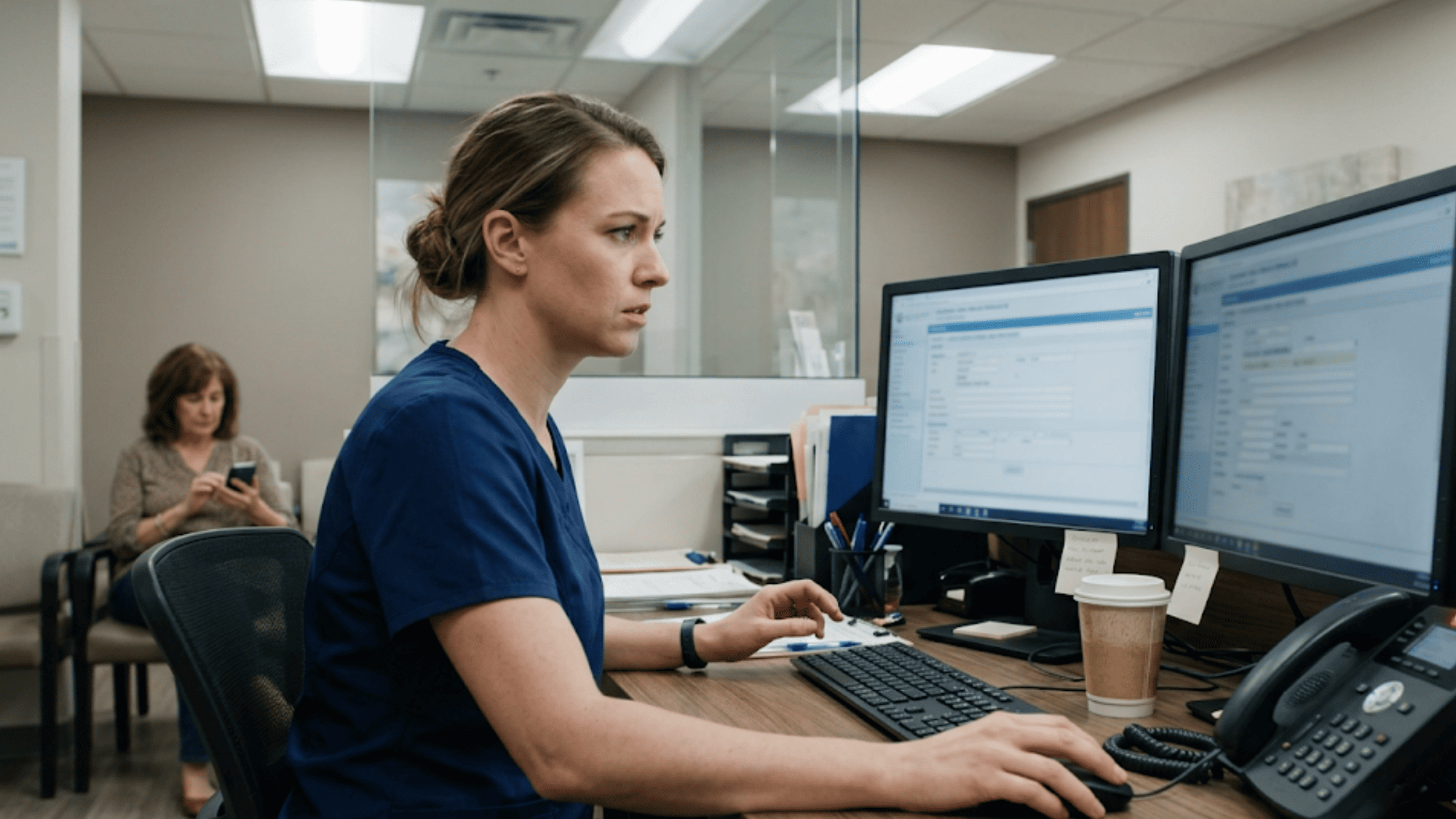 Front desk staff member toggling between two monitors to manually re-enter patient intake data into Tebra