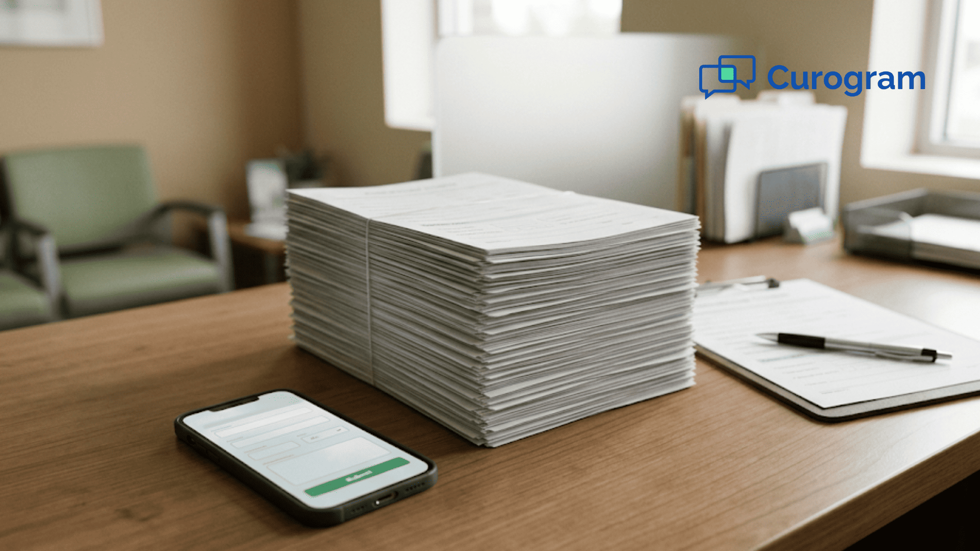 Community oncology paper intake forms next to mobile digital intake on clinic front desk
