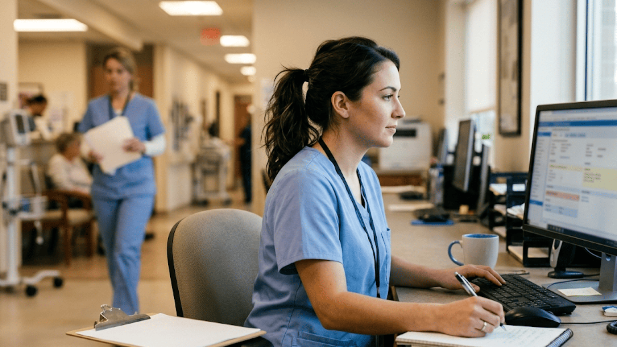 Medical assistant reviewing digital oncology intake chart on monitor with empty clipboard set aside