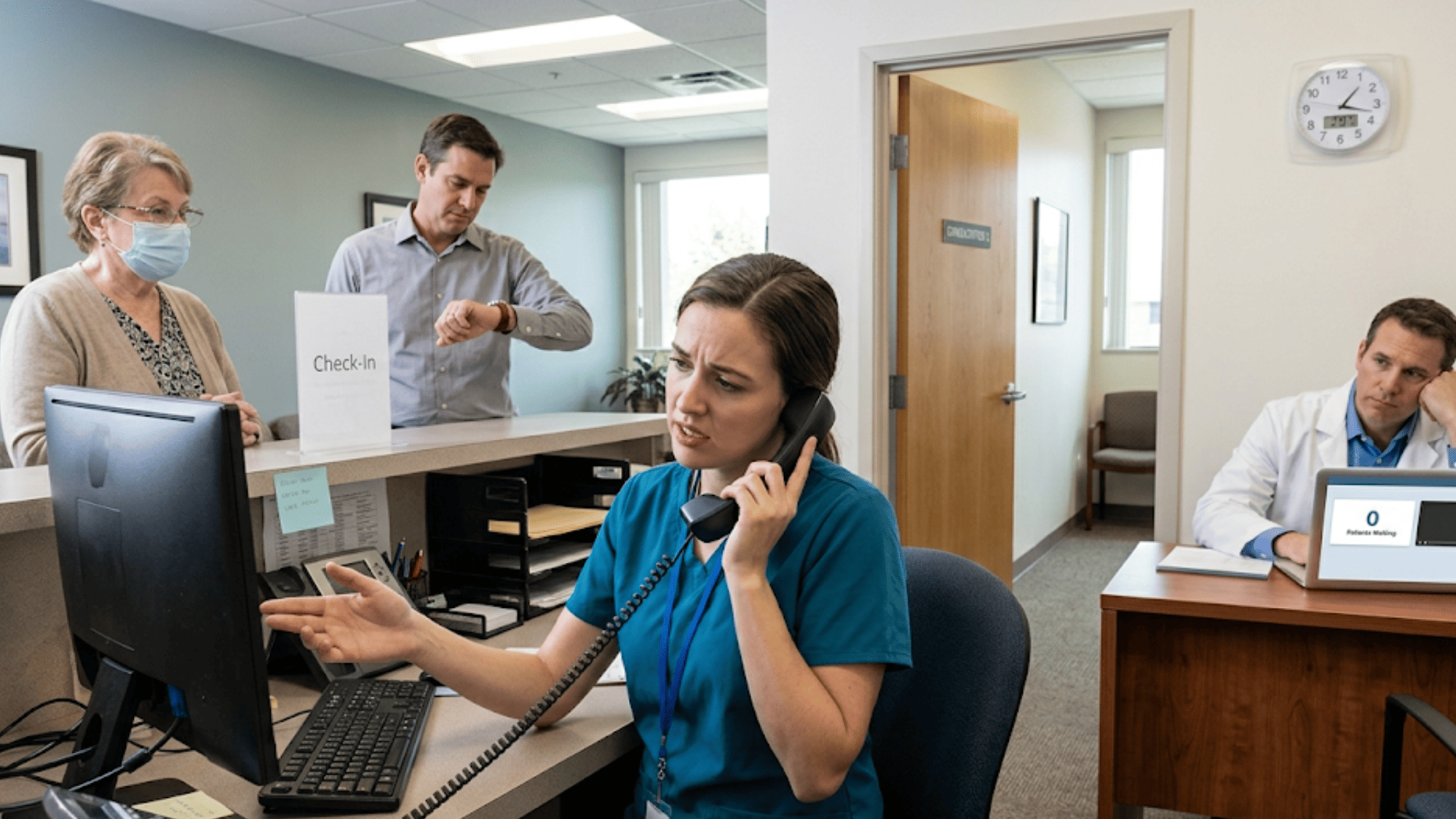 Front desk staff on a phone call troubleshooting a patient login while a provider waits alone in an empty virtual waiting room