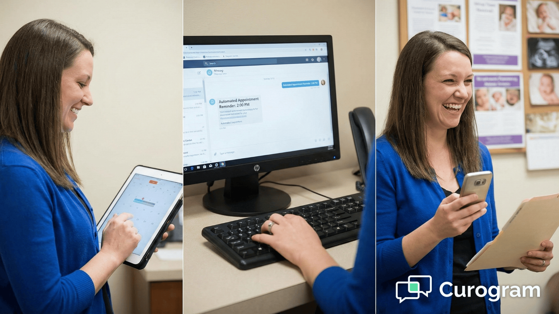 Volunteer managing pregnancy center appointments on tablet, smiling