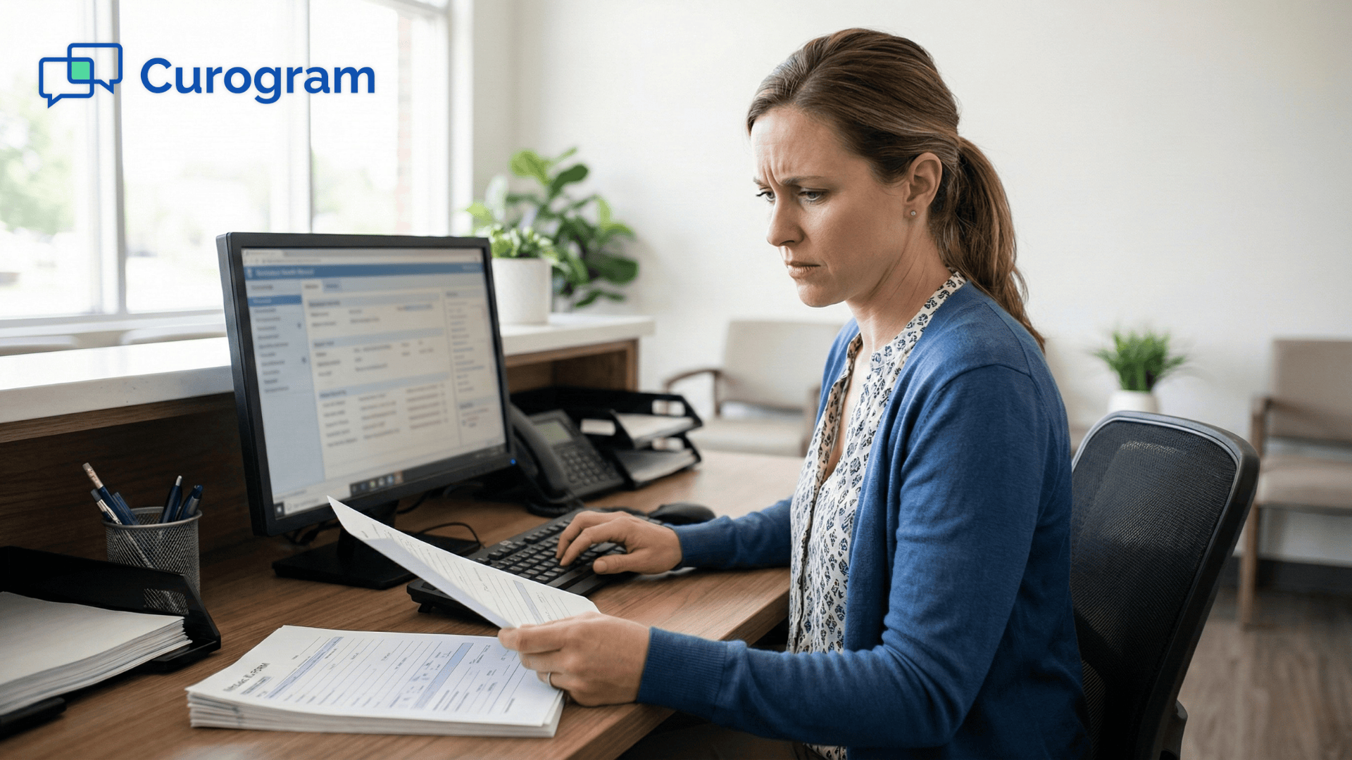 Front desk staff re-typing a handwritten patient intake form into CharmHealth