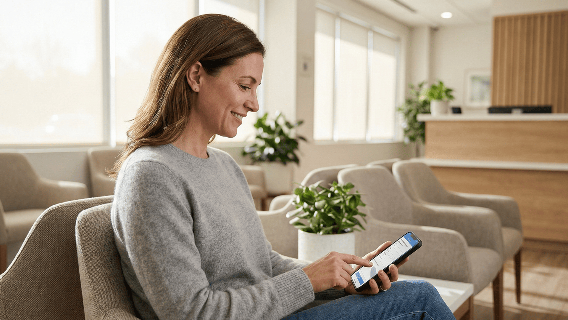Patient filling out a digital intake form on smartphone in a medical waiting room