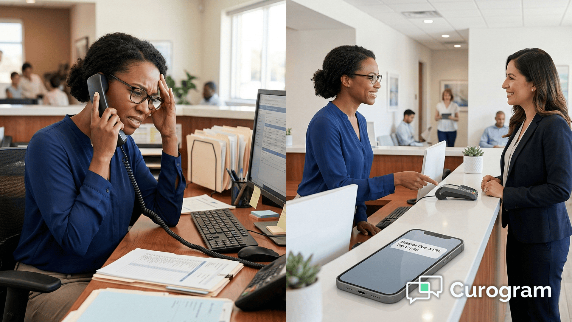 Staff stressed on billing call vs. smiling while patient pays by text