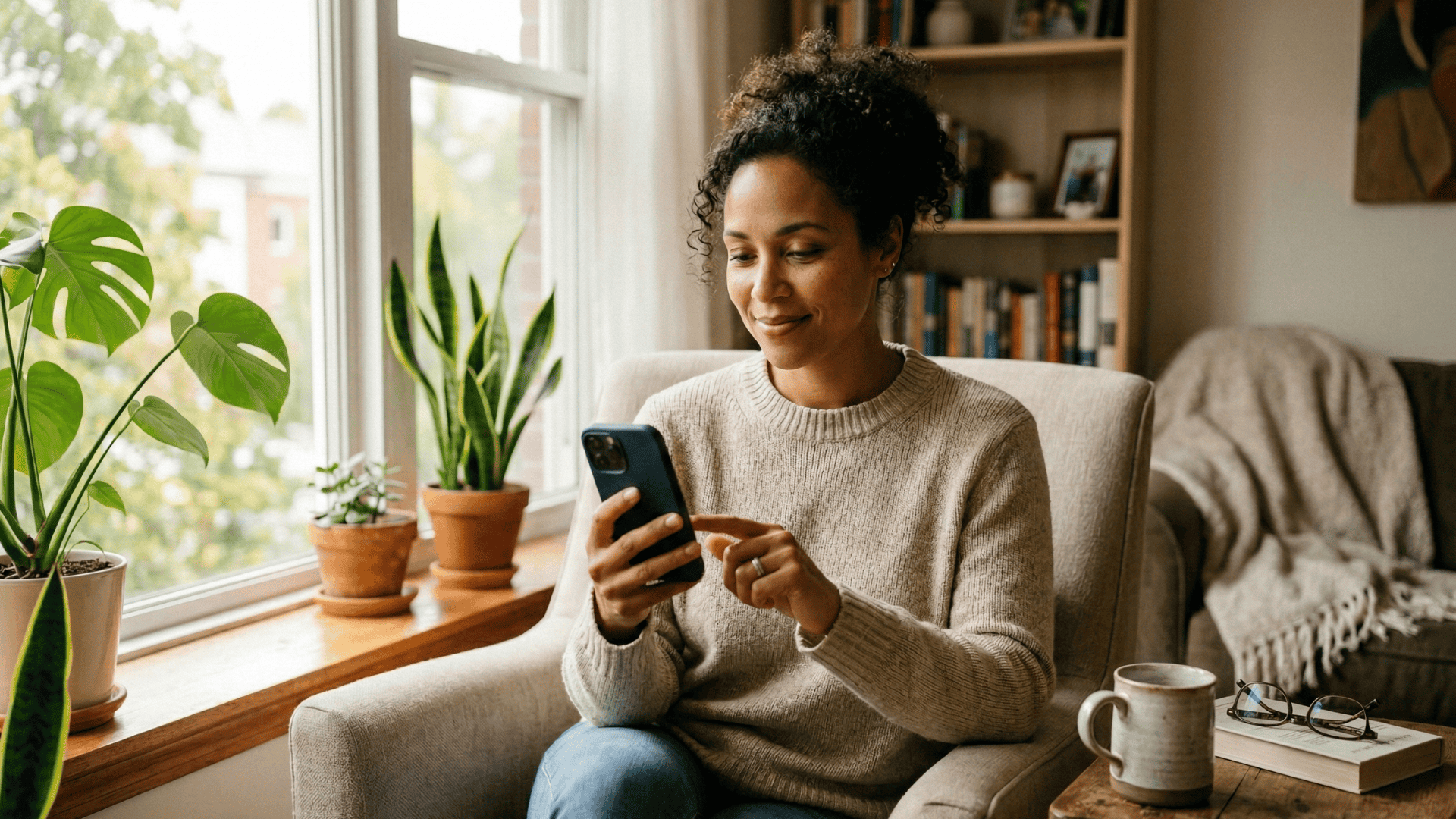 Patient paying medical bill from home using a text-to-pay link on phone