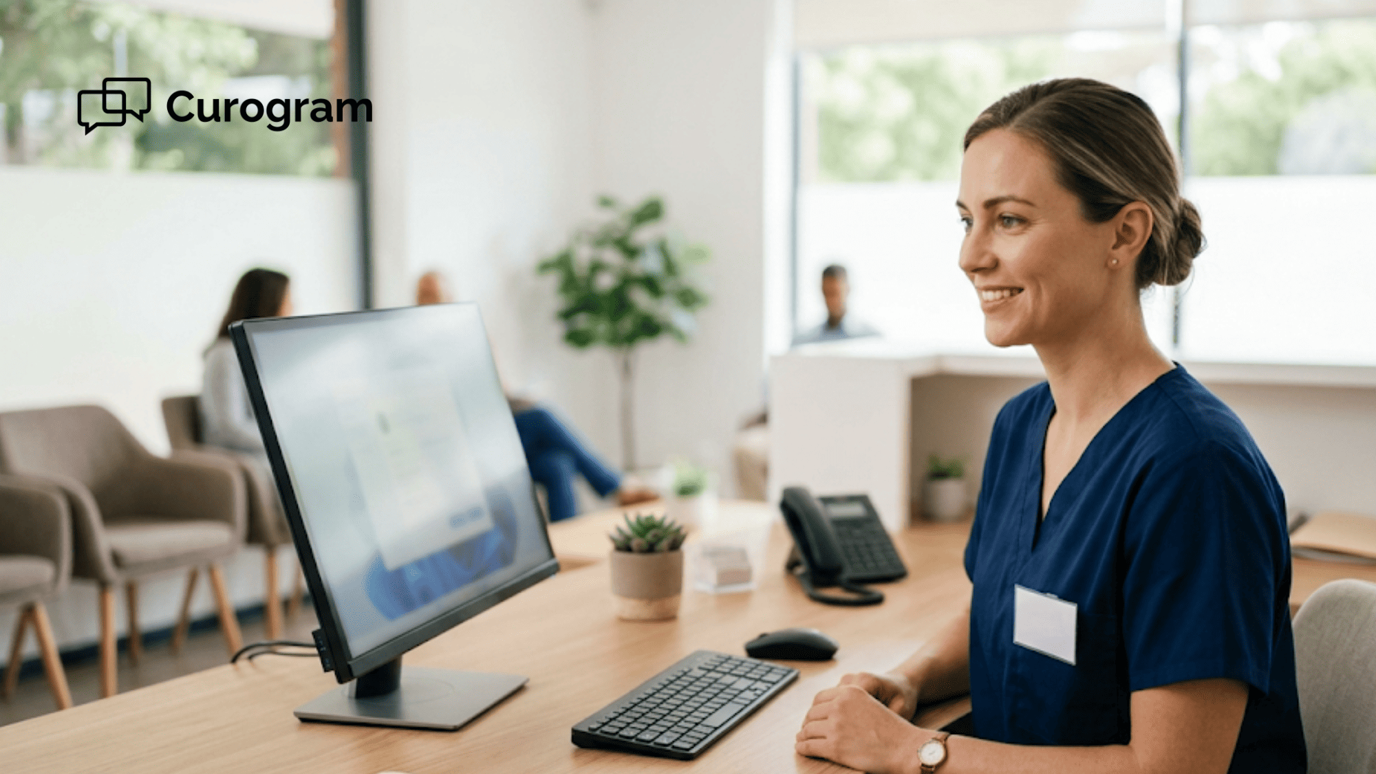 Front-desk staff handling patient texting  in a calm, modern clinic reception