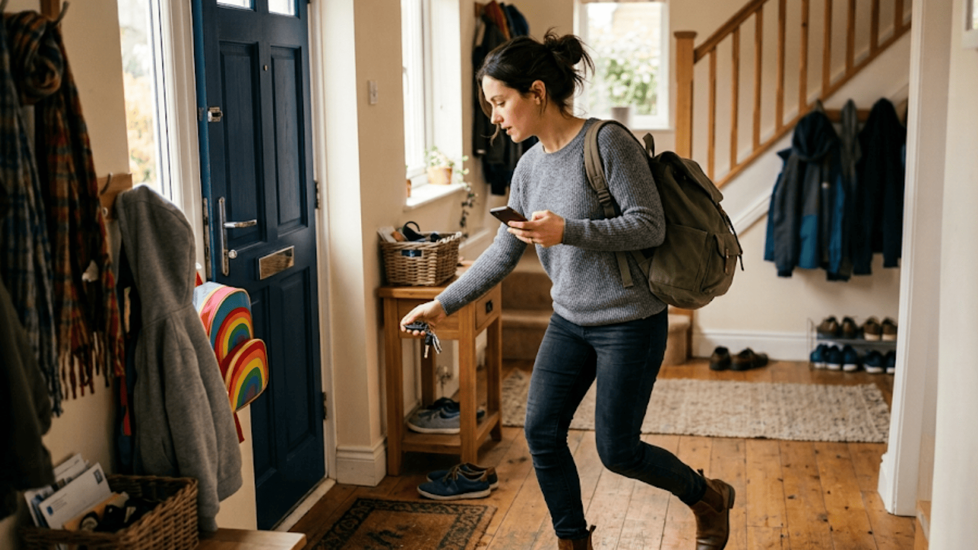 Busy parent on a phone while heading out a home entryway