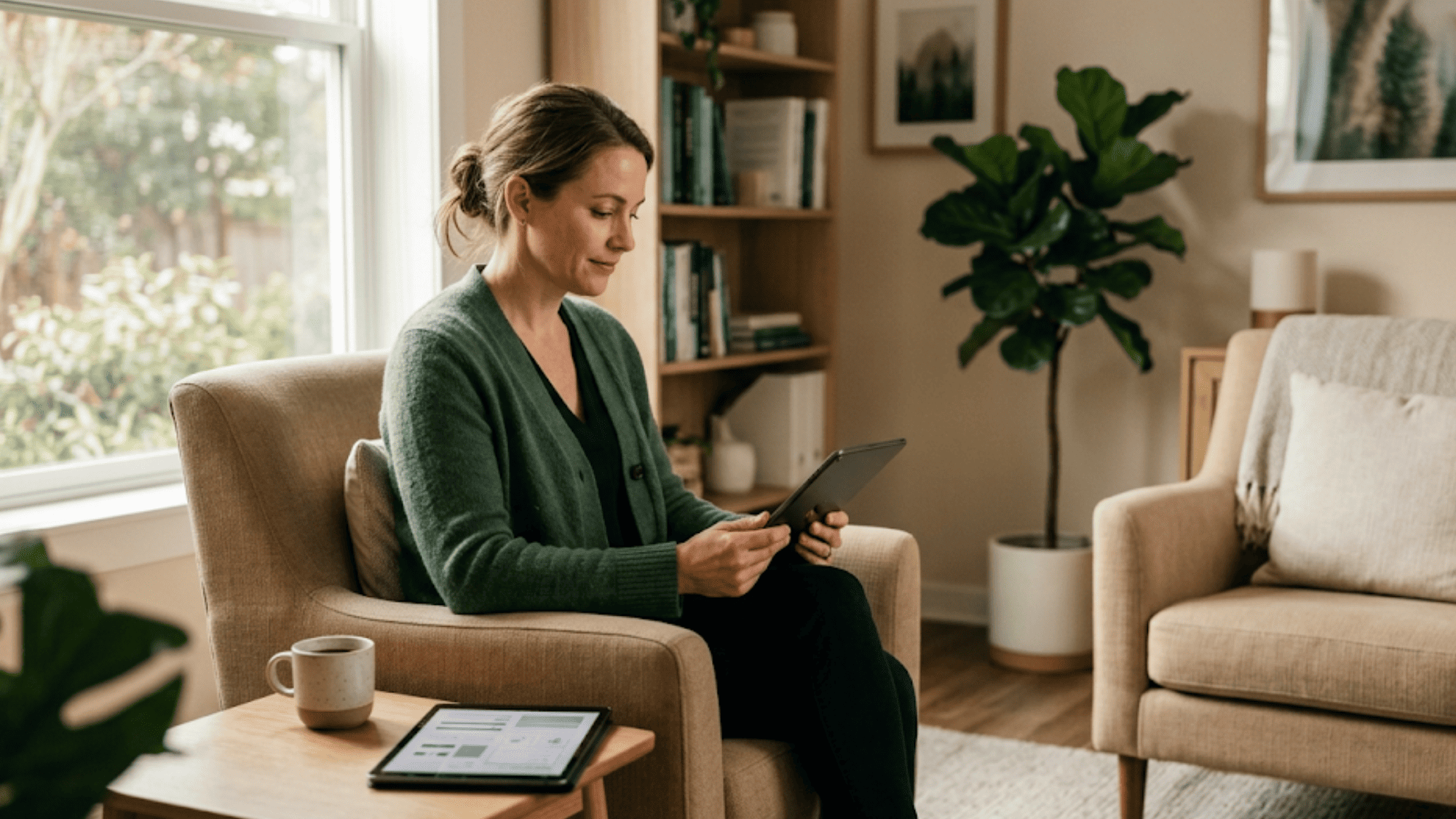 Prepared therapist reading digital intake records on a tablet