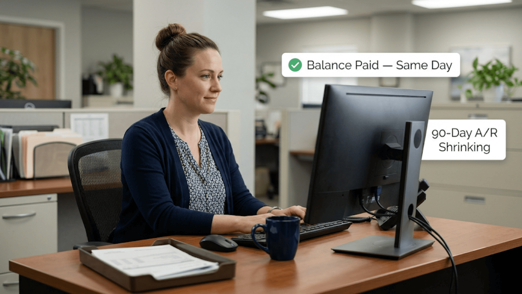 Billing staff member at a practice desk with a shrinking pile of paper statements and floating text reading balance paid same day