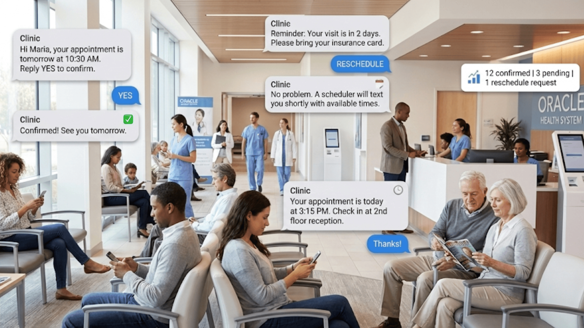 Patients in clinic waiting area with SMS confirmation dialogues