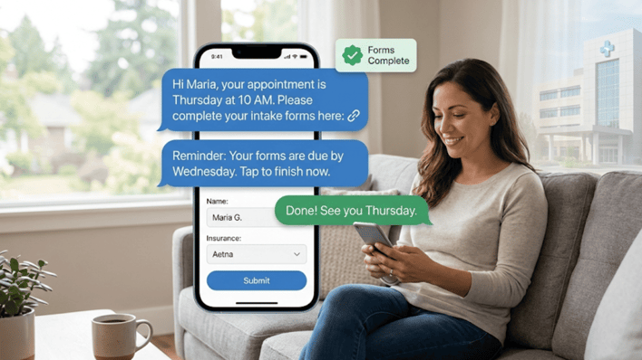 Patient at home receiving automated text message reminders to complete digital intake forms