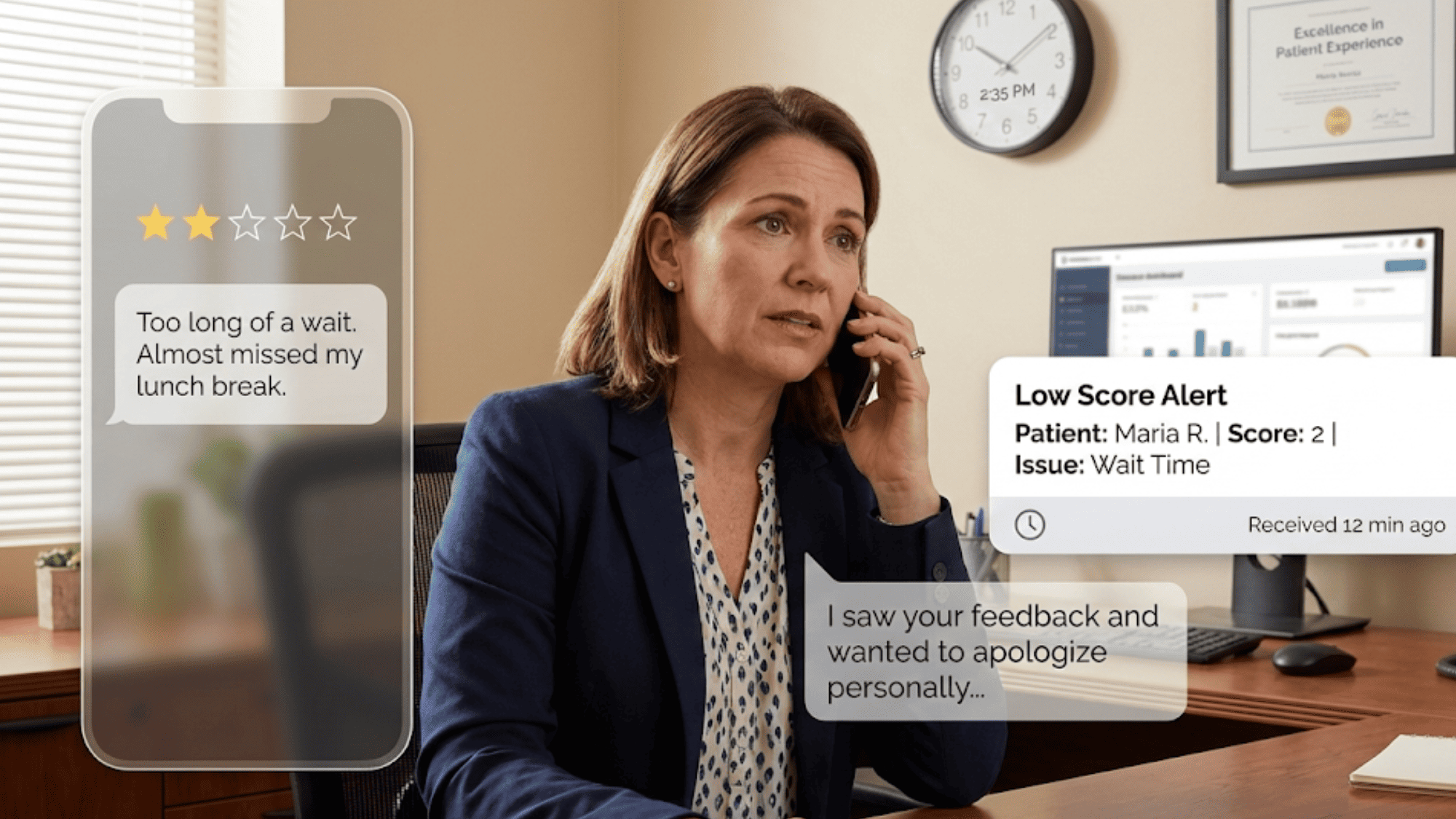 Clinic manager making follow-up call to patient after receiving low feedback score alert notification