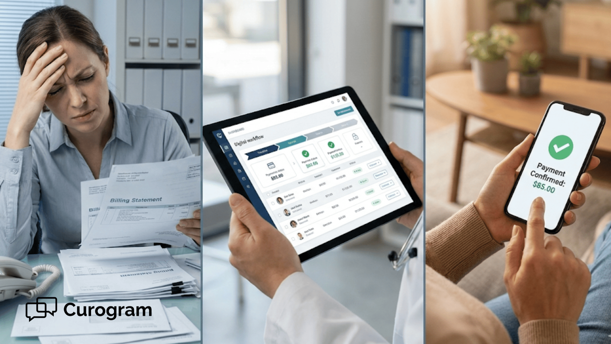 Healthcare billing coordinator reviewing automated payment workflow dashboard on tablet in medical office