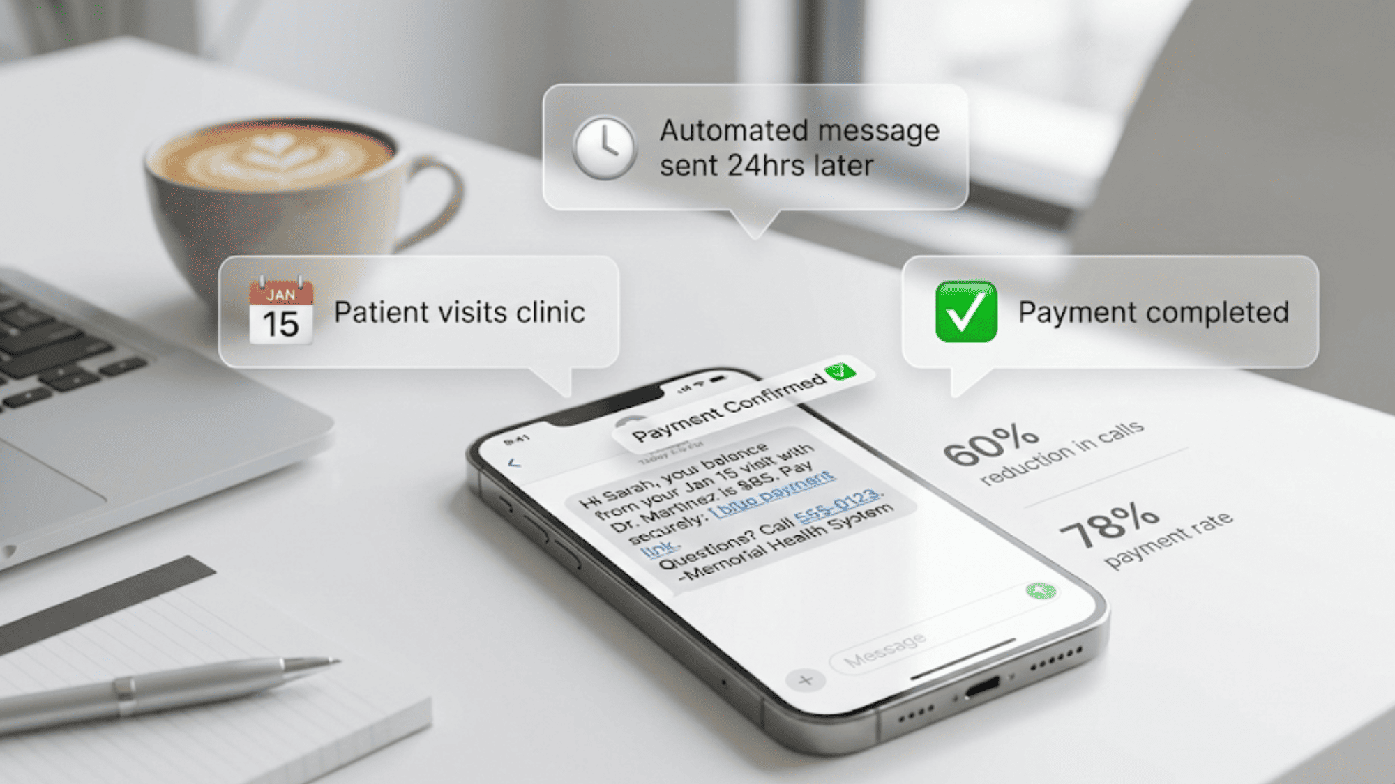 Healthcare payment communication system displaying text message with balance details and secure payment link