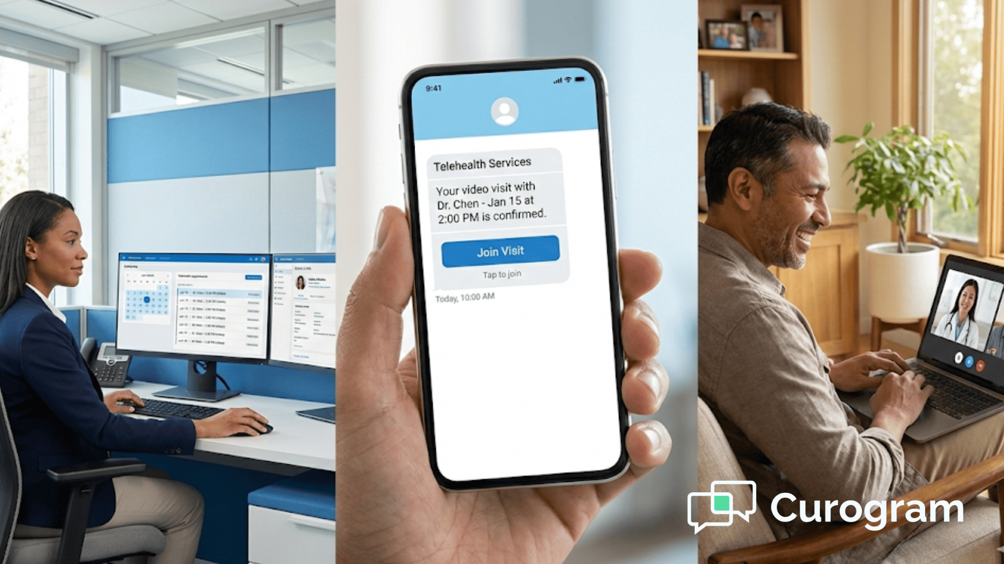 Enterprise telehealth workflow automation showing healthcare administrator scheduling virtual visits and patient connecting successfully