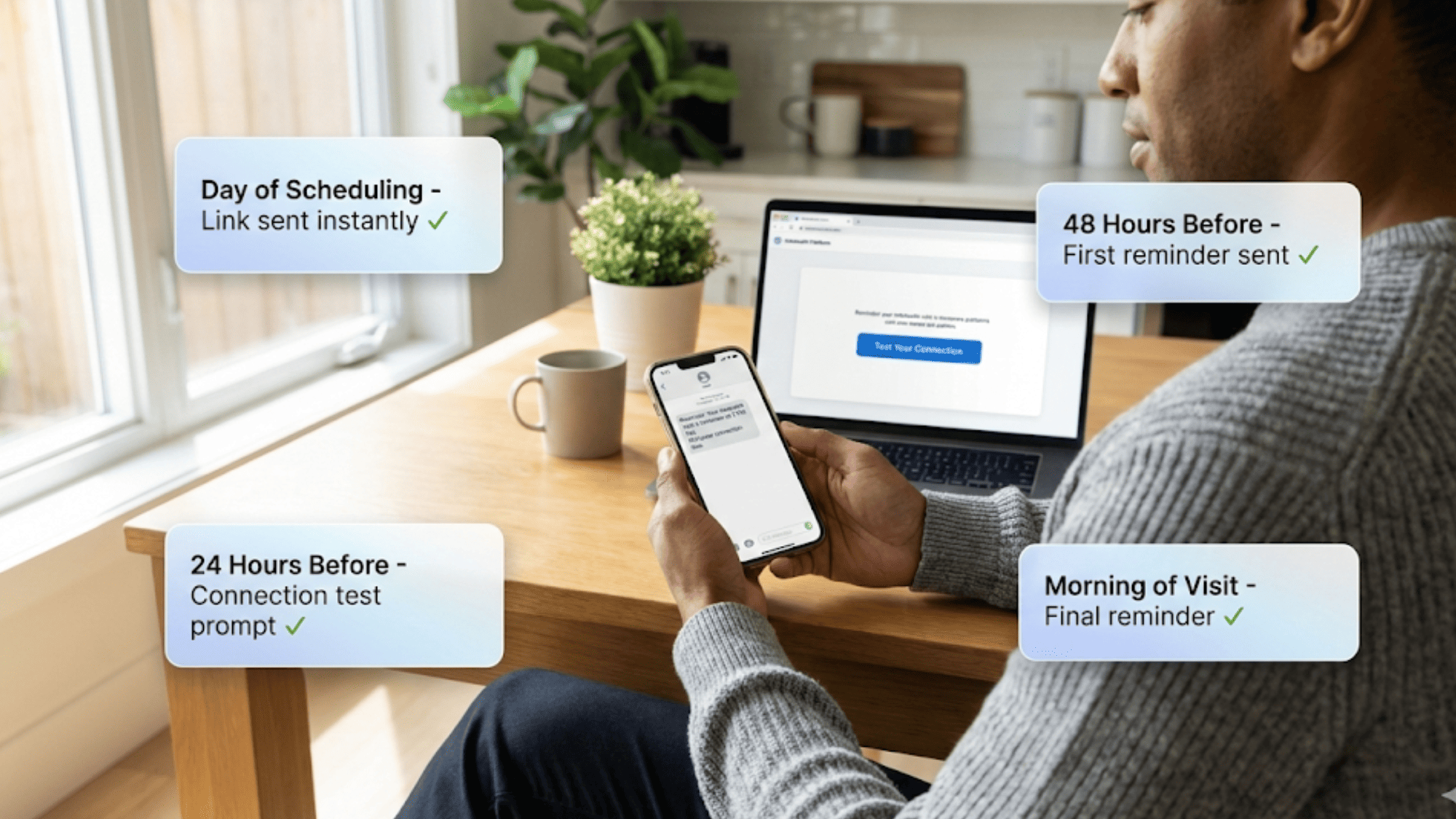 Enterprise Telehealth Workflows for Oracle Health Teams-landscapePatient receiving automated telehealth appointment reminders and visit link notifications on smartphone and laptop