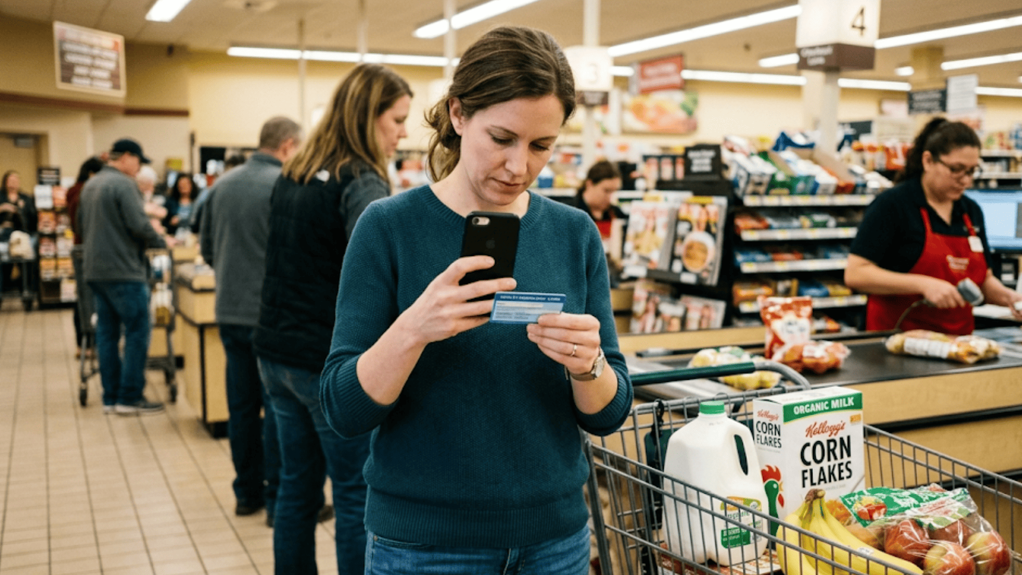 Mother in a grocery checkout line using her phone to snap a photo of her child's insurance card