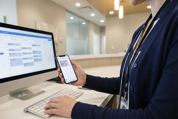 Medical staff sending patient text reminders on a smartphone to fill clinical gaps