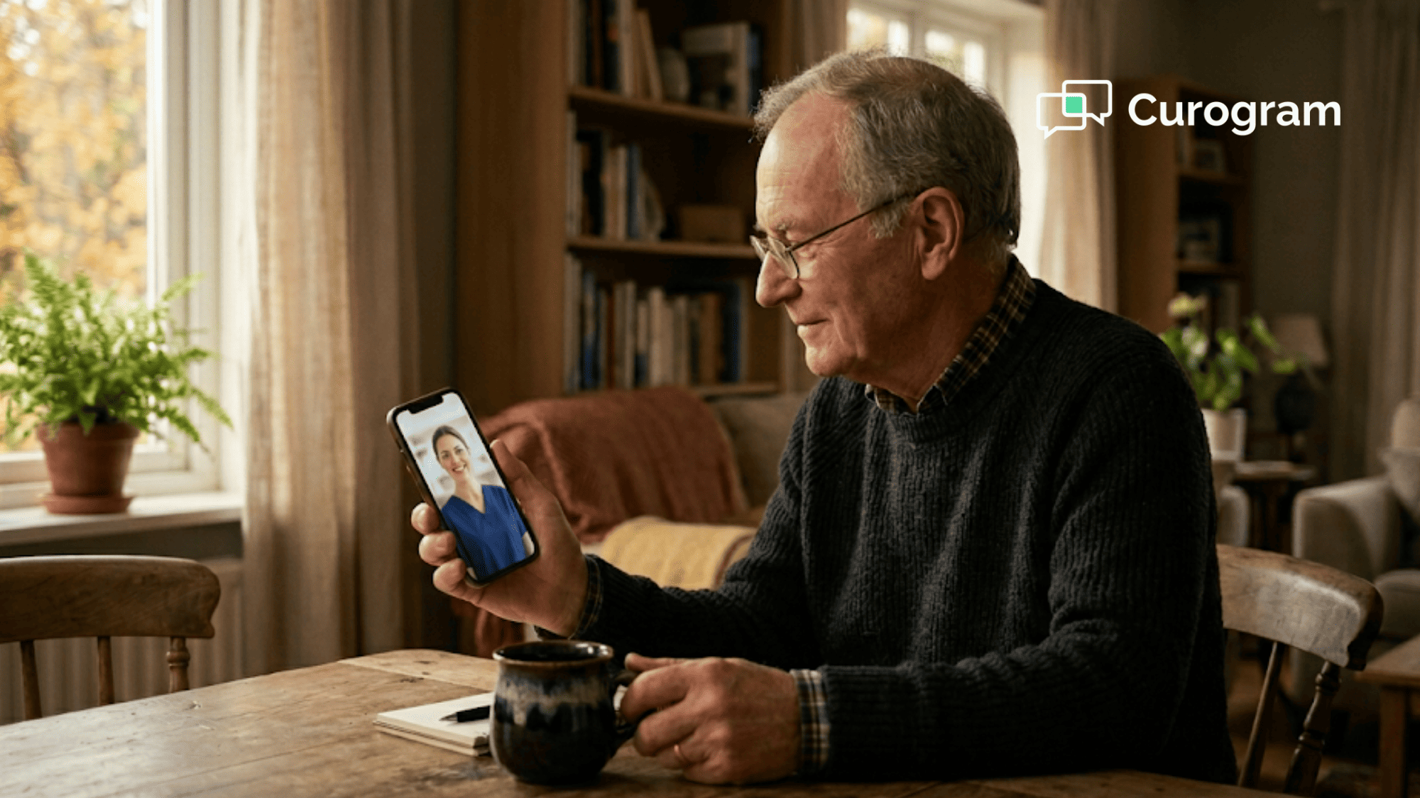 Elderly oncology patient joining a telehealth video visit from home using a text link on his smartphone
