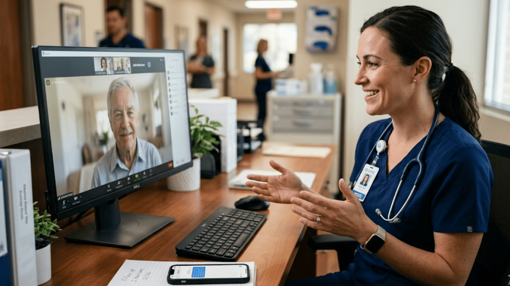 Oncology nurse running a text-link video visit with a patient from her clinic workstation