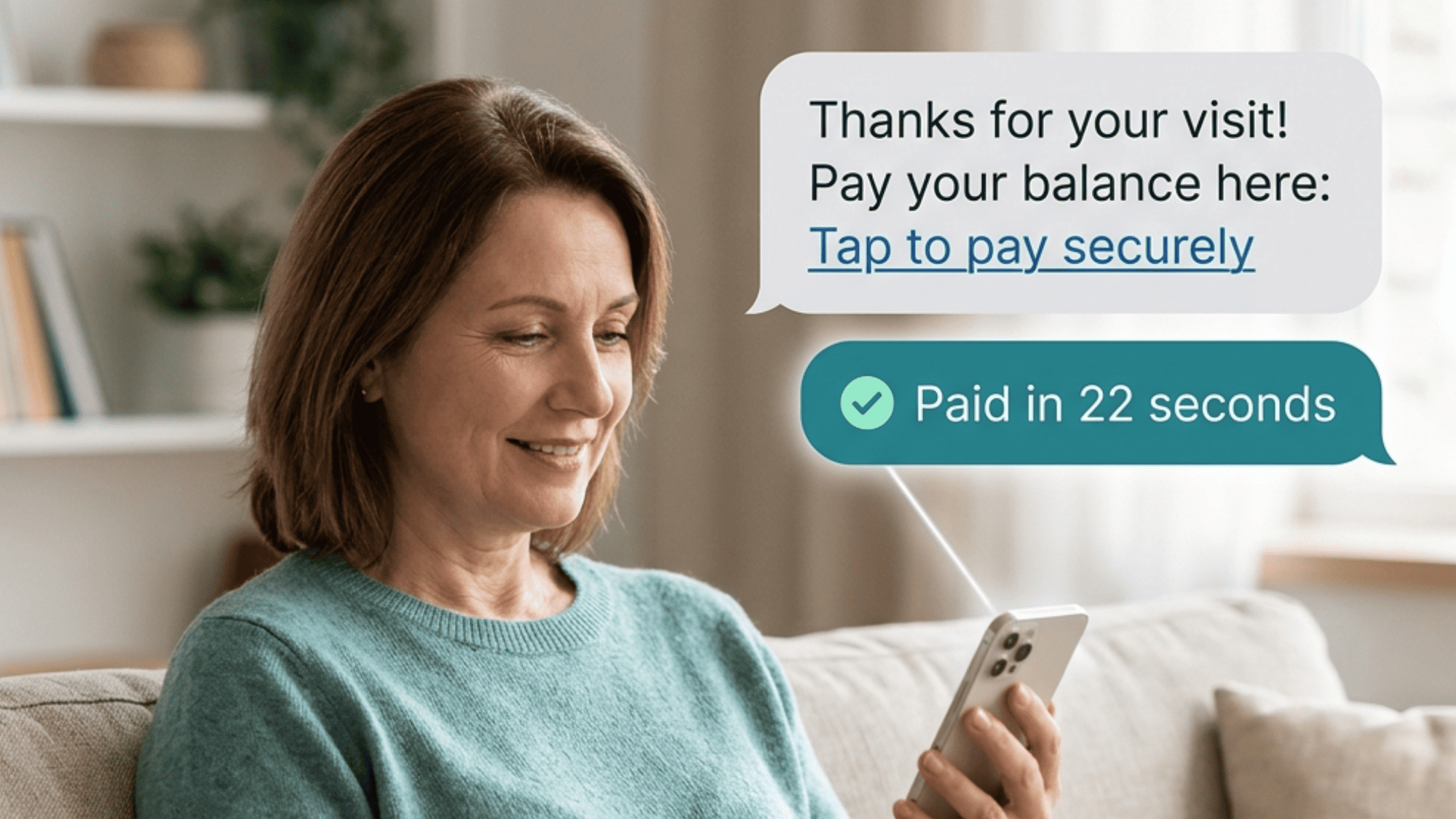 Patient receiving a text-to-pay link and confirmation for a fast mobile payment experience
