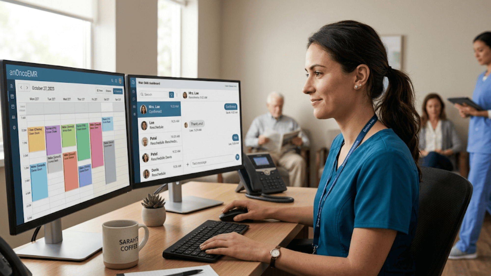 Calm front desk scene with scheduler using two-way SMS to cut OncoEMR phone volume and reschedule delays