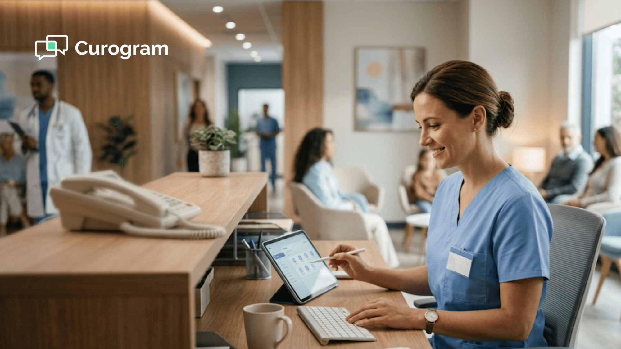 Calm front-desk medical staffer working on a tablet while the desk phone sits unused in a modern clinic