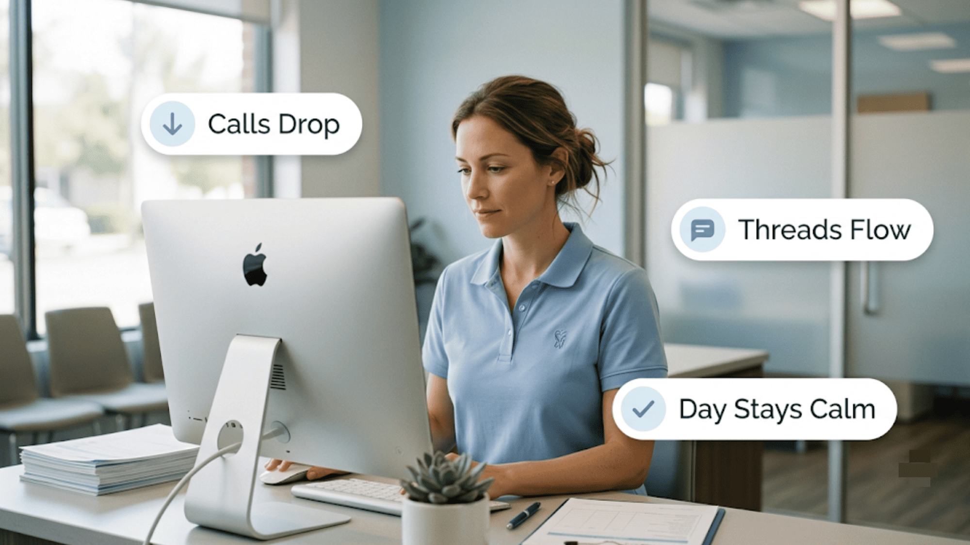 Clinic receptionist at her monitor as text-based labels show how two-way texting keeps the front desk calm